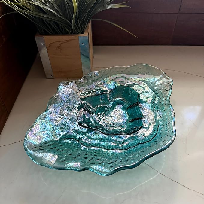 Things2Die4 Decorative Oyster Shaped Plate, 13 X 10 Inch Iridescent Sea Blue Glass Decorative Plate for Coastal Tabletop Display, Nautical Accent Dish for Entryway or Living Room