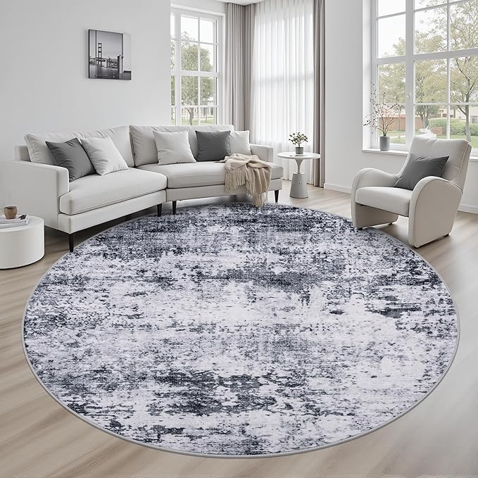 Round Area Rug for Living Room: 6 ft Washable Modern Abstract Soft Thin Rug Indoor Floor No Slip Stain Resistant Carpet for Bedroom Dining Room Farmhouse Nursery Home Office - Grey