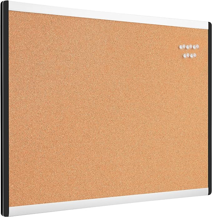 Amazon Basics Cork Bulletin Board, 23" x 17", Lightweight, Easy to Mount, Aluminum/Plastic Frame