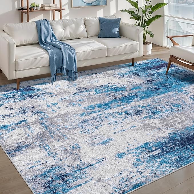 Ciicool Modern Abstract Rug for Living Room, 5'x7' Machine Washable Area Rug Non-Slip Rug, Low-Pile Contemporary Indoor Dining Floor Carpet for Bedroom Office Under Table Home Decor Grey Blue