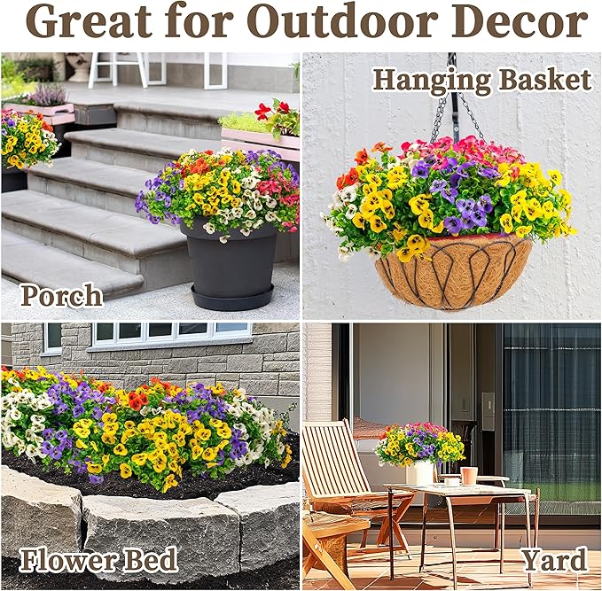 20 Bundles Artificial Fake Pansy Flowers for Outdoor - Yellow, White, Purple, Sunset red & deep pink Faux Pansies Flowers, Fake Flowers for Outdoor Planters, Porch, Garden, and Home Decoration