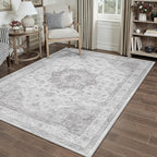 Grey Gray Area Rug 3x5 Washable Vintage Carpet for Entryway Office Soft Retro Kitchen Low Pile Thin Door Mat Non Slip Oriental Medallion Throw Rug for Bathroom Bedroom Dining Living Room