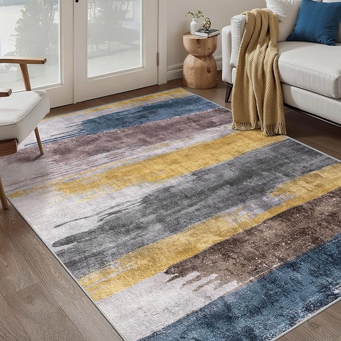Ciicool Abstract Area Rug Indoor, 3x5 Washable Entryway Rug, Modern Soft Throw Rug with Non-Slip Backing Ideal for Bedroom Living Room Entrance Kitchen, Low-Pile Floor Carpet Doormat Yellow Blue Grey