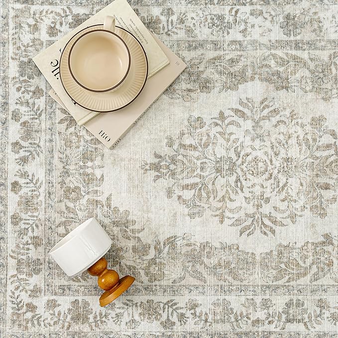 9x12 Area Rug Beige Washable Vintage Distressed Living Room Carpet Large Bedroom Indoor Medallion Floral Non Slip Retro Throw Floor Mat for Office Dining Room Kitchen Bathroom