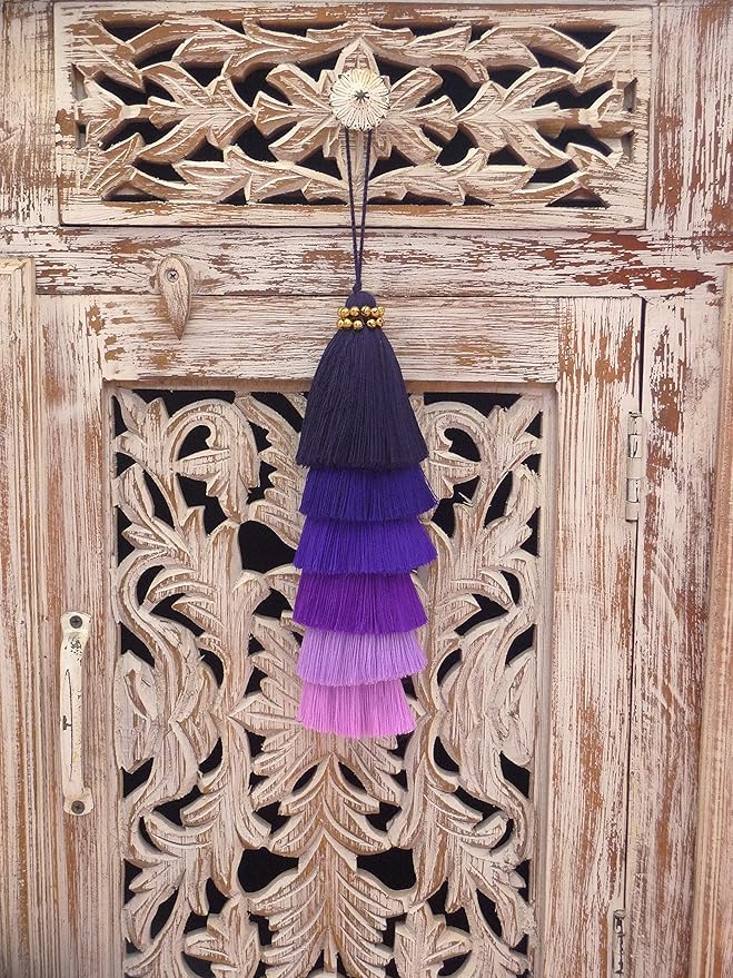 Multi-Colored Layered Large Cotton Tassel with Hanging Loop for Furniture Décor, Home or Handbag Accessory (Blue)