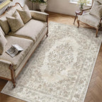 5x8 Area Rug Beige Washable Vintage Distressed Living Room Carpet Large Bedroom Indoor Neutral Medallion Floral Non Slip Retro Throw Floor Mat for Office Dining Room Kitchen Bathroom