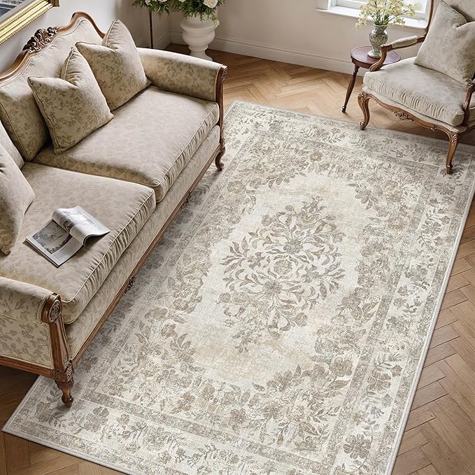 4x5 Area Rug Beige Washable Office Vintage Distressed Carpet Bedroom Indoor Neutral Medallion Floral Living Room Non Slip Retro Throw Floor Mat for Dining Room Kitchen Bathroom