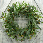 AMF0RESJ 20 inches Artificial Green Olive Wreath Greenery Wreath with Olive Leaves, Bean for Front Door Indoor Outdoor Farmhouse Home Wall Window Festival Wedding Decor, White Gift Box Included