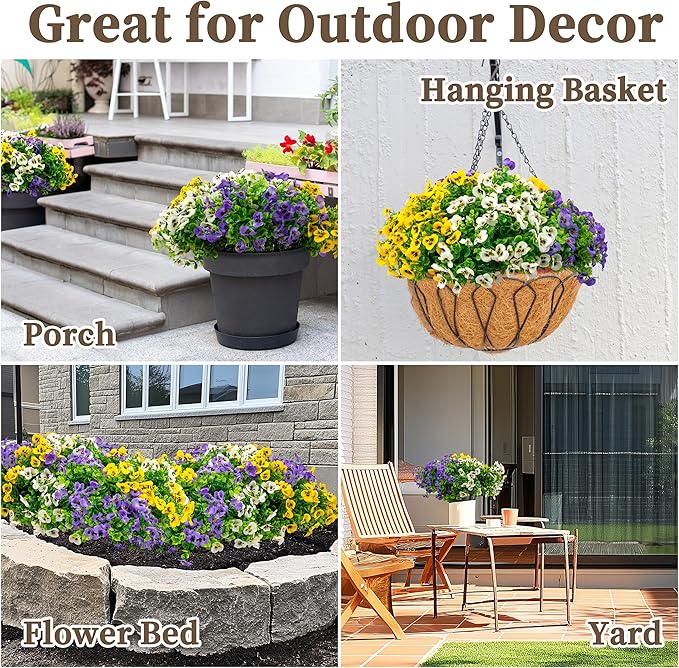 12 Bundles Artificial Fake Pansy Flowers for Outdoor - Yellow, White & Purple Faux Pansies Flowers, Fake Flowers for Outdoor Planters, Porch, Garden, Window Boxes, and Home Decoration
