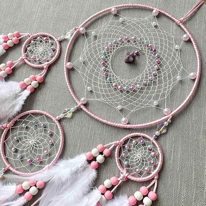 Large Dream Catchers, Boho Handmade Native Macrame Dream Catchers Wall Hanging for Bedroom Living Room Wedding Party Decor, Festival Blessing Craft Gift for Kids Boys Girls (Pink & White)