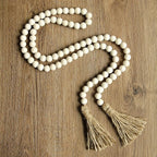 58in Wood Bead Garland with Tassels, Farmhouse Rustic Country Decor Prayer Boho Wall Hanging Decoration (Nature)