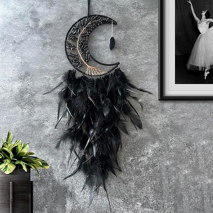 Moon Dream Catchers with Chakra Gemstone Agate Stone, Crystal Tree Life Dream Catchers Wall Hangings Room Decor (Black)