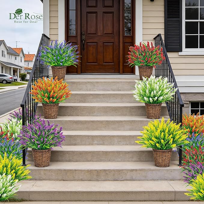 Der Rose 24 Bundles Artificial Flowers for Outdoors Fake Lavender Flowers UV Resistant Faux Plants Monkey Grass for Garden Porch Fence Patio Window Box Decor（Colorful）