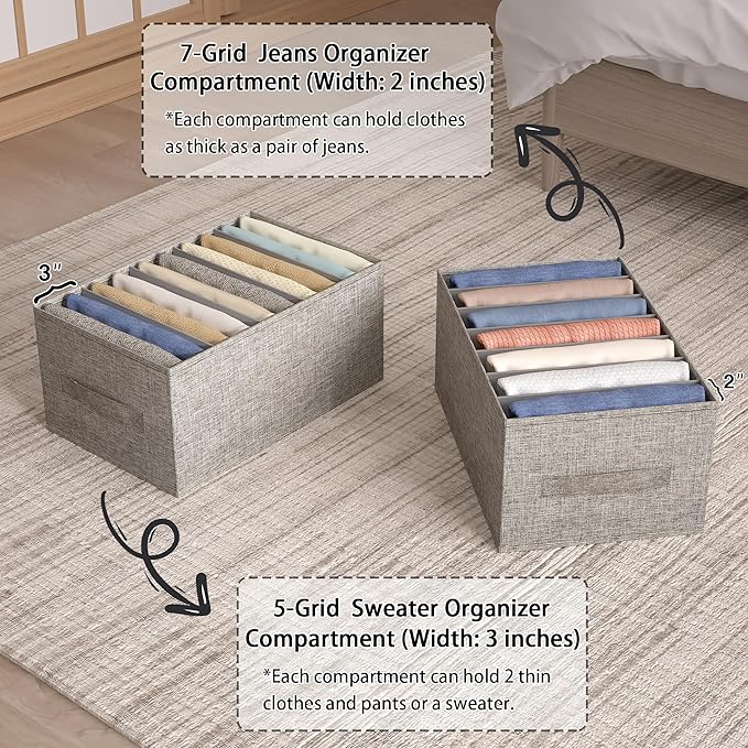 Wardrobe Clothes Organizer, 7 Compartments Jeans Organizers and Storage, Stackable Drawer Organizer for Closet - Pants, Sweaters, T-Shirts, Dimension 14.2" x 11"x 8"