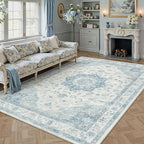 Blue Area Rug 8x10 Washable Vintage Carpet for Living Room Bedroom Large Soft Retro Low Pile Thin Indoor Rug Non Slip Oriental Medallion Floor Cover for Dining Room Office