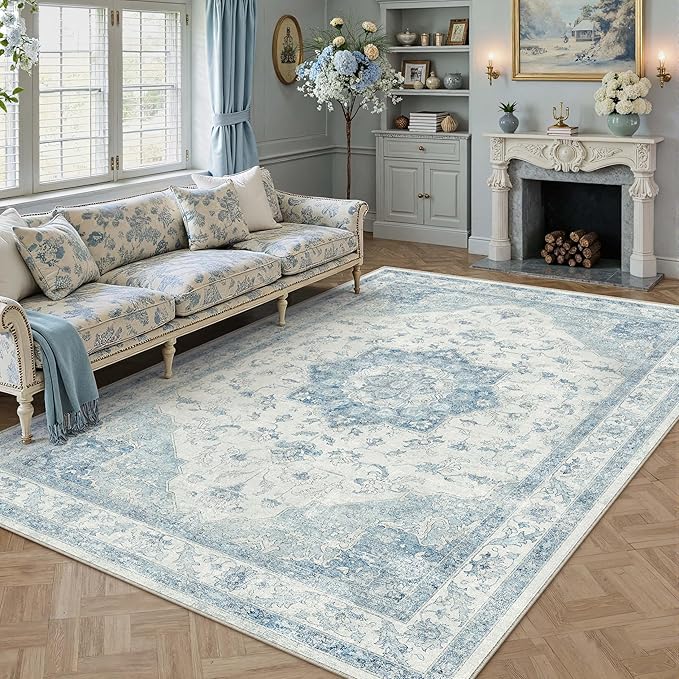 Blue Area Rug 5x7 Washable Vintage Carpet for Living Room Office Soft Retro Low Pile Thin Indoor Rug Non Slip Oriental Medallion Floor Cover for Bedroom Dining Room