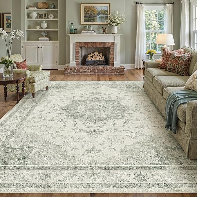 Green Area Rug 6x9 Washable Living Room Carpet Vintage Non Slip Soft Bedroom Indoor Office Retro Low Pile Thin Oriental Medallion Large Rug for Dining Room Playroom