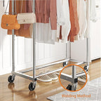 Simple Trending Double Rod Clothing Garment Rack, Rolling Clothes Organizer on Wheels for Hanging Clothes,with 4 hooks, Chrome