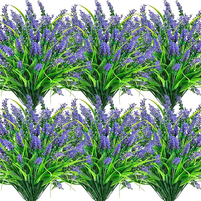 Der Rose 24 Bundles Artificial Flowers for Outdoors Fake Lavender Flowers UV Resistant Faux Plants Monkey Grass for Garden Porch Fence Patio Window Box Decor（Purple）