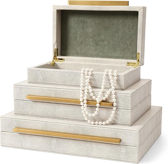 BAALTTO RUNYAO Kingflux Faux Ivory Shagreen Leather Set of 3 Pcs Decorative Boxes, Storage Boxes Jewelry Organizer, Men's Accessory Organizer (Ivory)