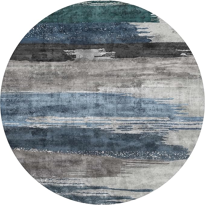 Ciicool 5ft Round Washable Rug, Modern Abstract Circle Rugs, Non-Slip Thin Low-Pile Rug Navy Grey Circular Print Distressed Carpet for Bedroom Living Room Under Dining Table Home Office Decor