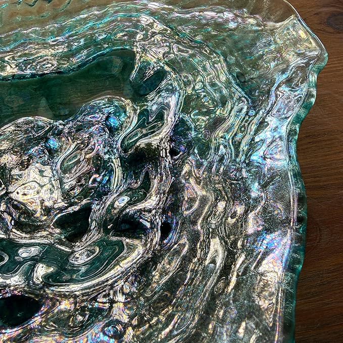 Things2Die4 Decorative Plates Set of 2 Oyster Shaped Blue Glass Plates with Iridescent Finish for Coastal Tabletop Decor in Dining Room Entryway or Living Room, 13 X 10 X 2 Inches