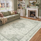 Green Area Rug 8x10 Washable Living Room Carpet Vintage Non Slip Soft Bedroom Indoor Office Retro Low Pile Thin Oriental Medallion Large Rug for Dining Room Playroom