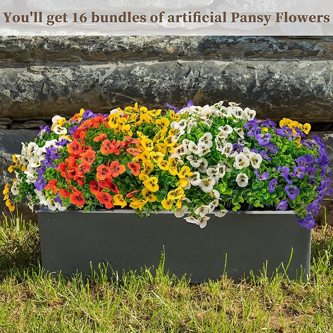 16 Bundles Artificial Fake Pansy Flowers for Outdoor - Yellow, White，Sunset red & Purple Faux Pansies Flowers, Fake Flowers for Outdoor Planters, Porch, Garden, Window Boxes, and Home Decoration