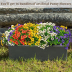 16 Bundles Artificial Fake Pansy Flowers for Outdoor - Yellow, White，Sunset red & Purple Faux Pansies Flowers, Fake Flowers for Outdoor Planters, Porch, Garden, Window Boxes, and Home Decoration