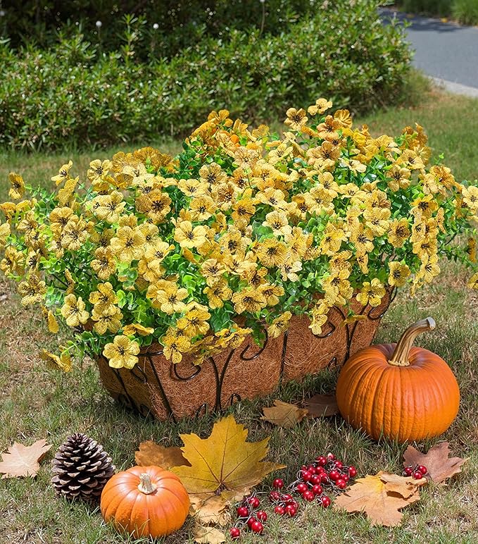 Artificial Flowers for Outdoors Daisy 12 Bundles for Home Decoration, Faux Flower Fake Plants Outside Decoration with Eucalyptus UV Resistant for Planter Porch Patio Yard Garden Yellow