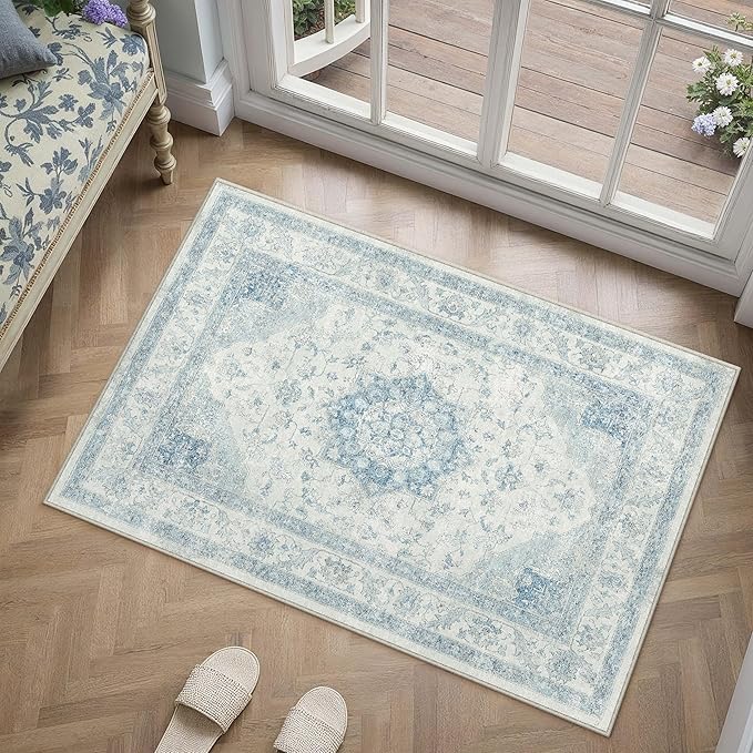 Blue Area Rug 2x3 Washable Vintage Small Carpet for Entryway Kitchen Soft Retro Low Pile Thin Door Mat Non Slip Oriental Medallion Throw Rug for Bathroom Office Bedroom Dining Room