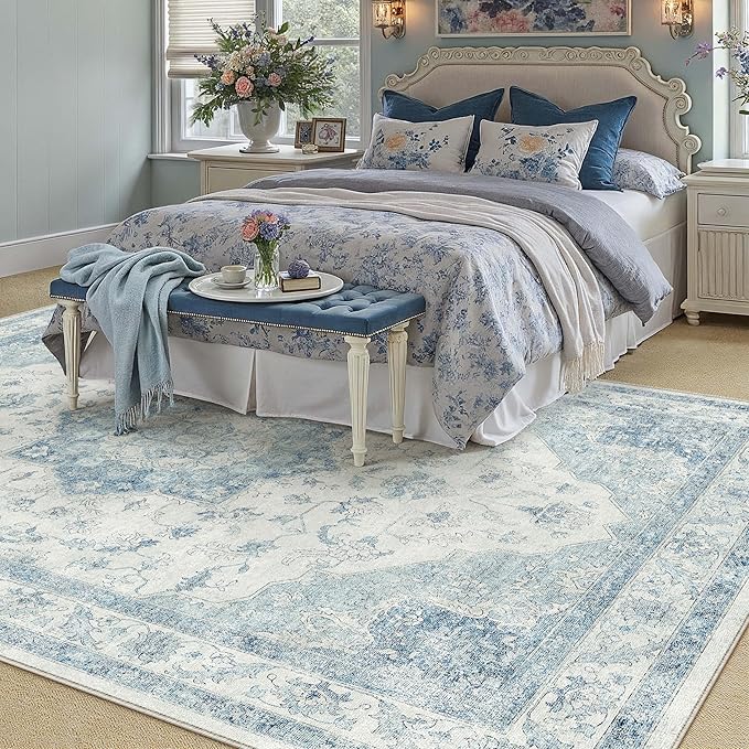 Blue Area Rug 8x10 Washable Vintage Carpet for Living Room Bedroom Large Soft Retro Low Pile Thin Indoor Rug Non Slip Oriental Medallion Floor Cover for Dining Room Office