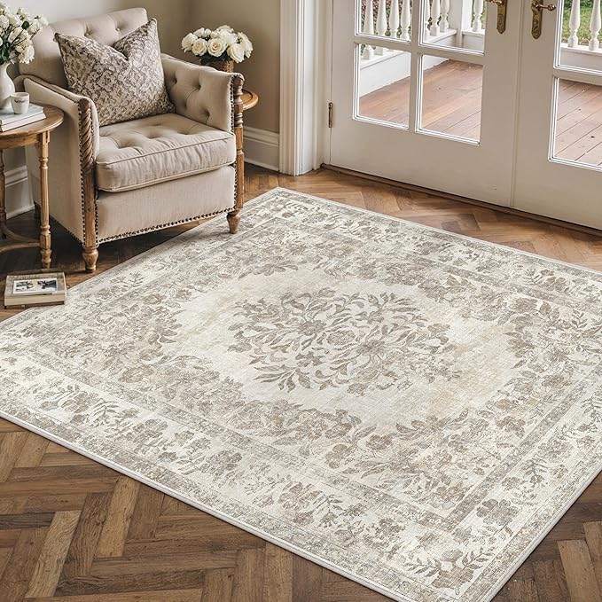 4x5 Area Rug Beige Washable Office Vintage Distressed Carpet Bedroom Indoor Neutral Medallion Floral Living Room Non Slip Retro Throw Floor Mat for Dining Room Kitchen Bathroom