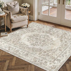 4x5 Area Rug Beige Washable Office Vintage Distressed Carpet Bedroom Indoor Neutral Medallion Floral Living Room Non Slip Retro Throw Floor Mat for Dining Room Kitchen Bathroom