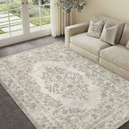 5x7 Area Rug Beige Washable Vintage Distressed Living Room Carpet Large Bedroom Indoor Medallion Floral Non Slip Retro Throw Floor Mat for Office Dining Room Kitchen Bathroom