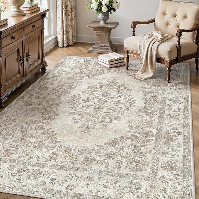 4x5 Area Rug Beige Washable Office Vintage Distressed Carpet Bedroom Indoor Neutral Medallion Floral Living Room Non Slip Retro Throw Floor Mat for Dining Room Kitchen Bathroom