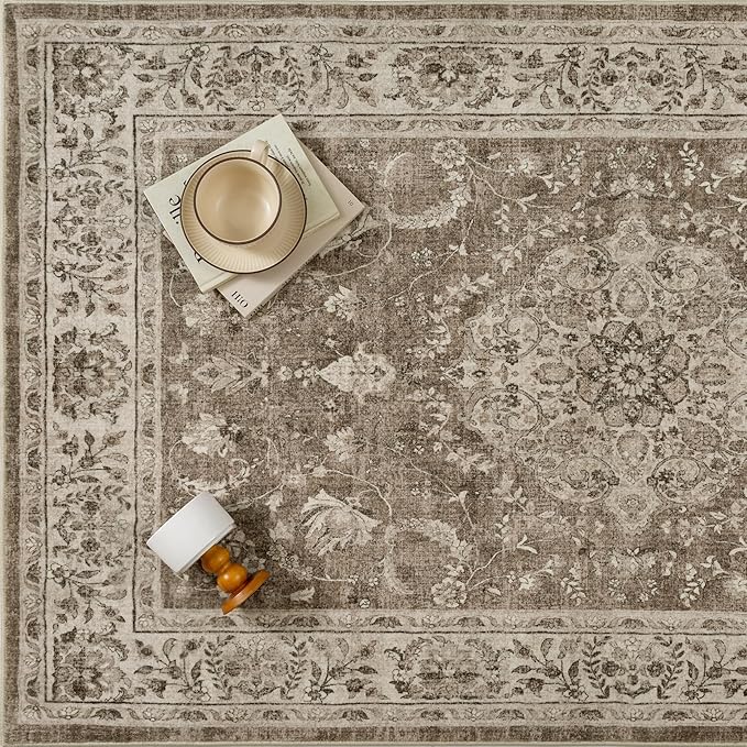 8x10 Area Rug Brown Washable Living Room Vintage Carpet Bedroom Large Non Slip Soft Low Pile Soft Thin Dining Room Office Accent Throw Rug