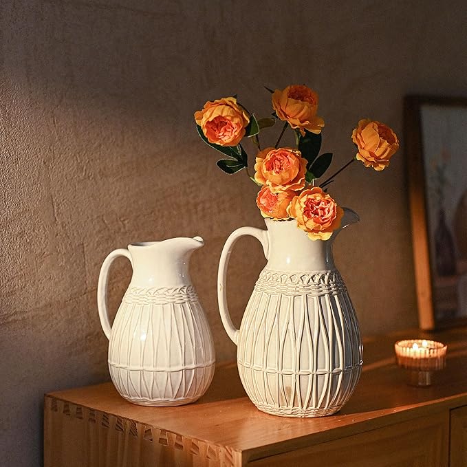 VICTOR & TERESA White Ceramic Pitcher Vase for Home Decor, 10'' Decorative Jug Vases Gift for Mom, Farmhouse Distressed Vases for Flowers, Pampas Grass, Table Centerpieces, Kitchen, Mantel